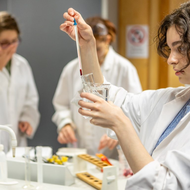 student following science experiment
